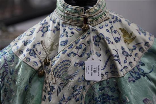 A Chinese embroidered silk mint green brocade robe, early 20th century,